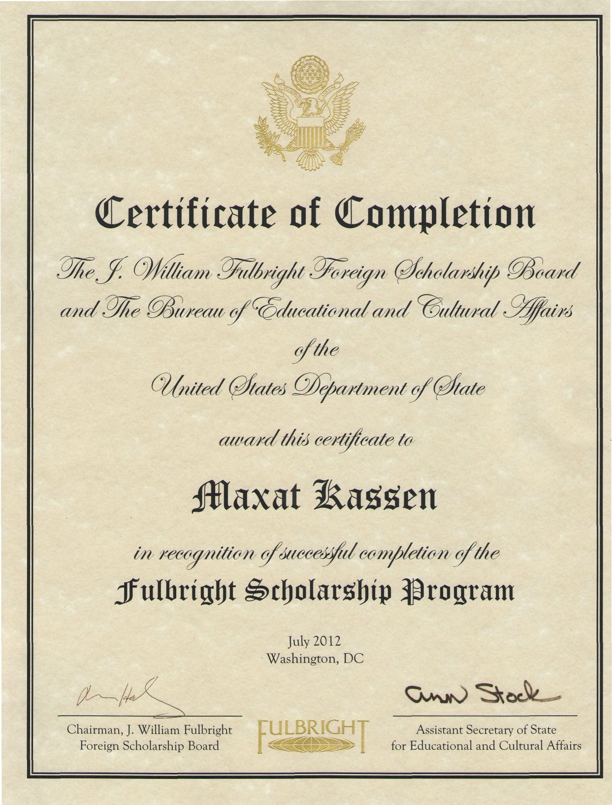 Dr. Maxat Kassen received Fulbright Scholarship Award 2011-2012 (Washington DC, USA)